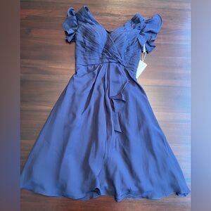 Elegant Blue Midi Dress with Ruffled Sleeves